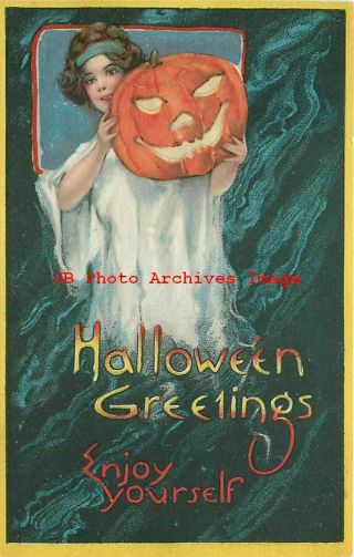 Halloween,  Nash No 42 1/2 - 1,  Girl In Ghost Costume Holding A Jack O Lantern