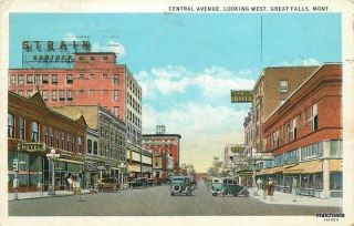 1935 Great Falls Montana Central Avenue West Autos Teich Postcard 7321