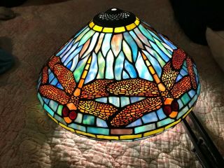 Tiffany Style Leaded Stain Glass Lamp Shade Dragon Fly Multiple Colored 16 Inch