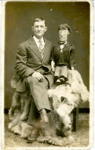 Antique B/w Rppc - Ventriloquist - Man Sitting On A Fur With His Dummy