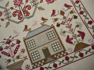 GORGEOUS Bird Floral Alphabet House Finished Completed Cross Stitch SAMPLER 3