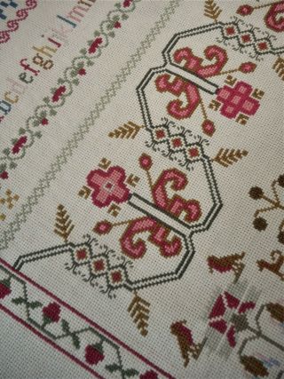 GORGEOUS Bird Floral Alphabet House Finished Completed Cross Stitch SAMPLER 6