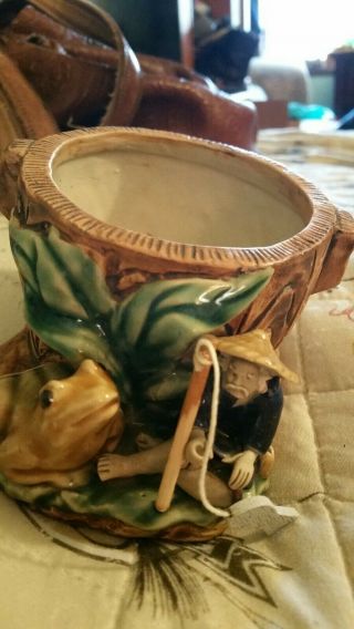 Mud Man Planter Fisherman Frog Water Lily Pottery Potpourri Holder Cache Pot