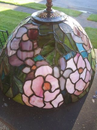 Tiffany Style Stained Glass Lamp Shade Pink Flowers Green Shaded Leaves