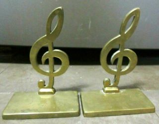 Vintage Pair Solid Brass Musical Notes Treble Clef Book Ends Record Holder