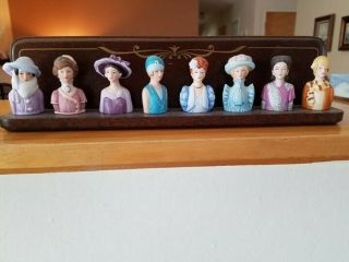 Set Of 8 Avon American Fashion Lady Silhouette Thimbles With Wood Display Rack