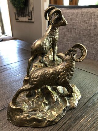 Vintage Brass Bronze Mountain Goat Rams On The Rocks Figurine Statue