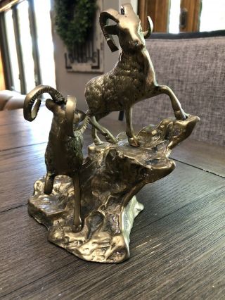 Vintage Brass Bronze Mountain Goat Rams On The Rocks Figurine Statue 3