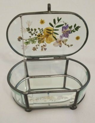 Vtg.  Leaded Beveled Glass Trinket Jewelry Box With Dried Flowers Mirrored Bottom