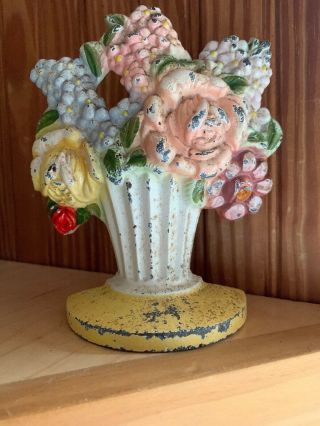 Antique Hubley Cast Iron Doorstop Bookend Roses & Hyacinths Flower Basket 479