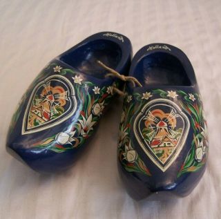 Small Child’s Wooden Shoes Holland Dutch Clogs Navy Painted Windmill & Flowers