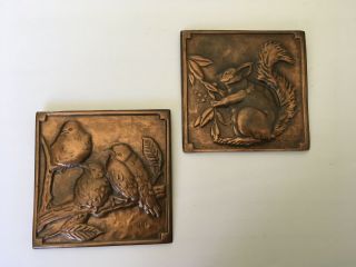 A.  Gilles Copper Plaques (2) Three Birds And A Squirrel Lovely