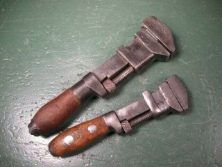 Old Vintage Mechanics Tools Wood Handled Adjustable Wrenches Pair