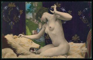 French Nude Woman With Her White Bear 1920s Tinted Color Photo Postcard