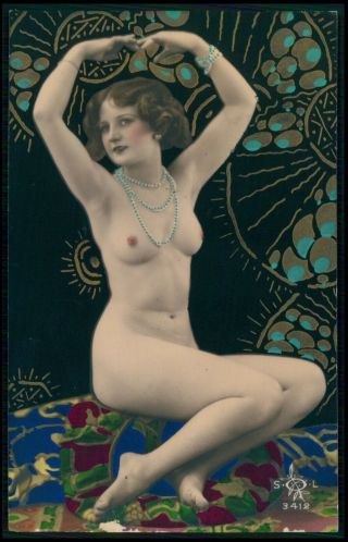 Art Deco Pochoir French Nude Woman Dancing Pose 1920 Tinted Color Photo Postcard