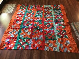 Vintage Orange 1930 Circles Bow Tie Quilt Top 74x68 Unusual Patchwork Old Fabric