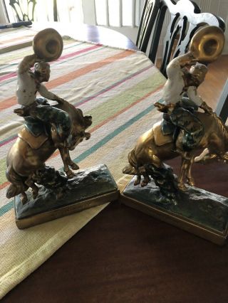 Vintage Cast Brass Or Bronze Bookends Cowboy Rodeo Horse Western