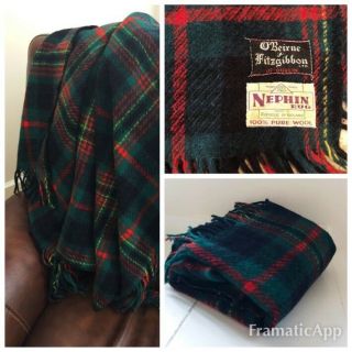 Vtg Nephin Rug Ireland 100 Wool Blanket With Fringe Edges Plaid Green Multi