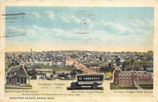 Akron Ohio 1923 Postcard Goodyear Heights Typical Home Busses Public School