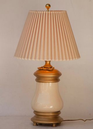 Vintage Brass Stiffel Modern Table Lamp Cream Crackle Glaze Handle Heavy