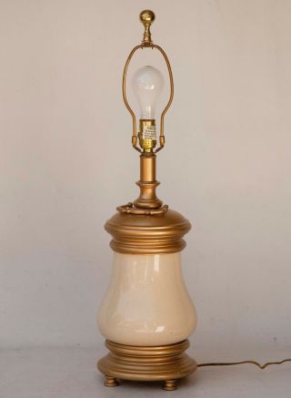 Vintage Brass Stiffel Modern Table Lamp Cream Crackle Glaze Handle Heavy 4