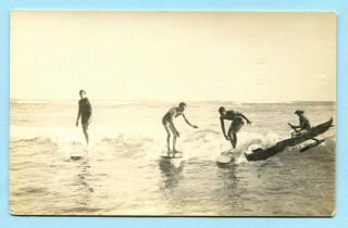 Antique 1920 Hawaii Territory Rppc Surfers And Outrigger Canoe Real Photo