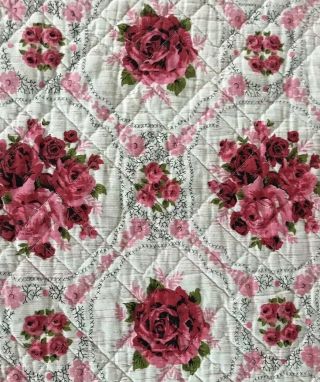 Vtg 1950’s Pink Rose Floral Print Quilt/coverlet 62x68” Cottage Chic Shabby