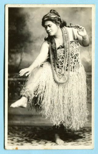 1920 Hawaii Territory Rppc Hula Girl Dancing Grass Skirt & Lei Real Photo