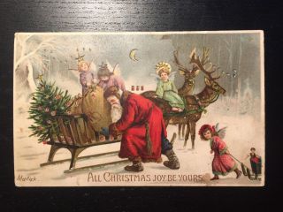1910s Mailick Christmas Postcard - Hold To Light - Santa With Slay - Rare