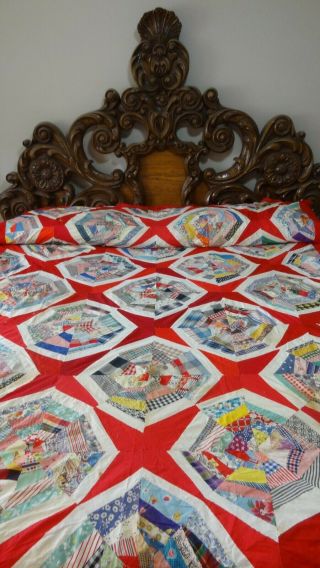 Great Vintage Feed Sack Red Cobweb Pattern Quilt Top L77.