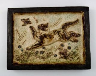 Royal Copenhagen Stoneware Relief With Playful Cat And Bird.  By Knud Kyhn