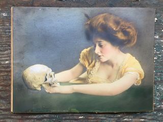 Antique Hand Tinted Photo Woman With Skull - Signed Celebrity Art Co.  1910 Gothic