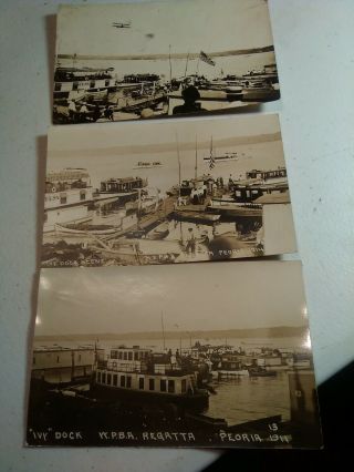 3 Old Real Photo Postcard Ivy Dock Mpba Regatta 1914,  Aeroplane Peoria Illinois