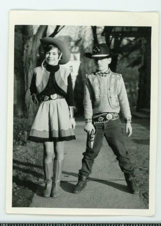 Boy And Girl In Western Cowoby Cowgirl Outfits Toy Gun.  Vintage Snapshot Photo