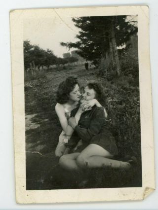 Romantic Lesbian Moment - Girls In Field Embracing.  Vintage Snapshot Photo