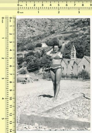 Bikini Woman Showing Hairy Armpits On Beach,  Swimsuit Lady Old Photo