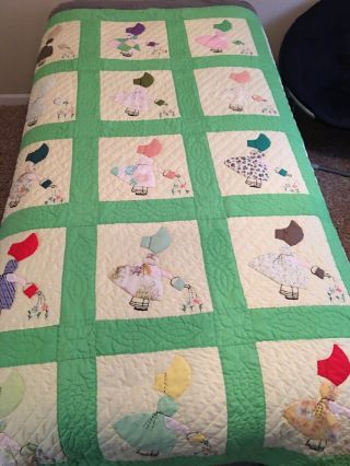 Vintage 70s Sunbonnet Sue Quilt Handmade Appliques And Embroidery Hand Quilted