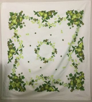 Vintage Printed Tablecloth With Green Fruit,  Green Leaves And Yellow Daisies