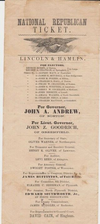 Abraham Lincoln / 1860 Presidential Campaign Ballot / Mass.  / Large 12 " X 5 "
