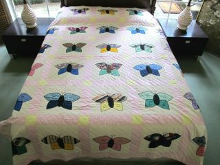 Queen Never Washed Vintage Hand Sewn All Cotton Butterfly (moth) Applique Quilt