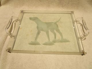 Vintage Mid Century Etched Dog Glass Lucite Frame And Handles Tray