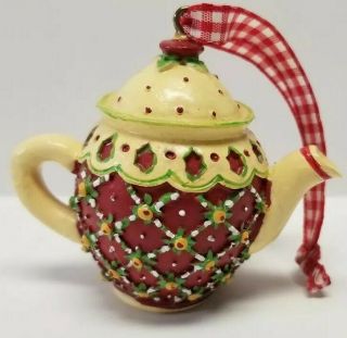 Mary Engelbreit Mini Teapot Ornament,  Rare Vintage Cream And Red Holly,  Me Ink