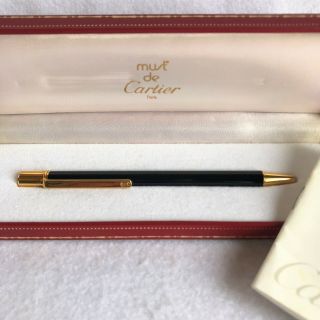 Auth Cartier Ball Point Pen With Blue Ink Black Body Box