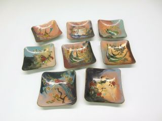 8 Vintage Scenic Enamel On Copper Dishes With Birds Butterflies And Fish Holland