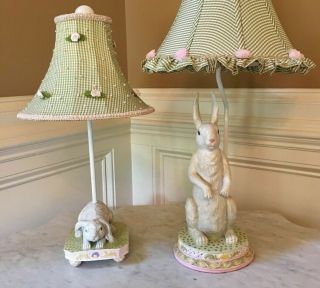 Stunning Set Bunny Rabbit Lamps Ceramic Ribbon Shades & Mackenzie Childs Napkin