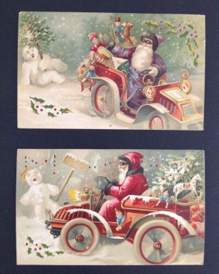 Hold - To - Light Santa Postcards (2) Purple/red Suits,  Driving Cars,  Animated Snowmen