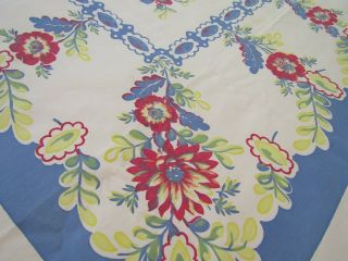 Vintage Tablecloth Printed Cotton Floral Blue Lime Red Large Size 58 " X 72 "