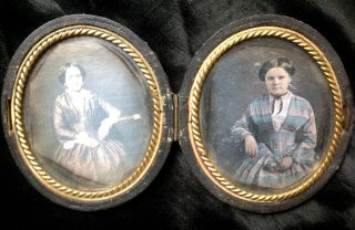 Antique Double 2 Oval Tinted Daguerreotype Photo In Case Girl Flowers Woman Book