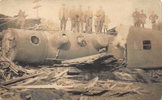 Real Photo Postcard Railroad Train Engine Car Crash Wreck Accident 122413