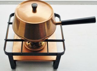 Vintage Mid Century Modern Inox Swiss Made 18/8 Copper Fondue Pot Cast Iron Base